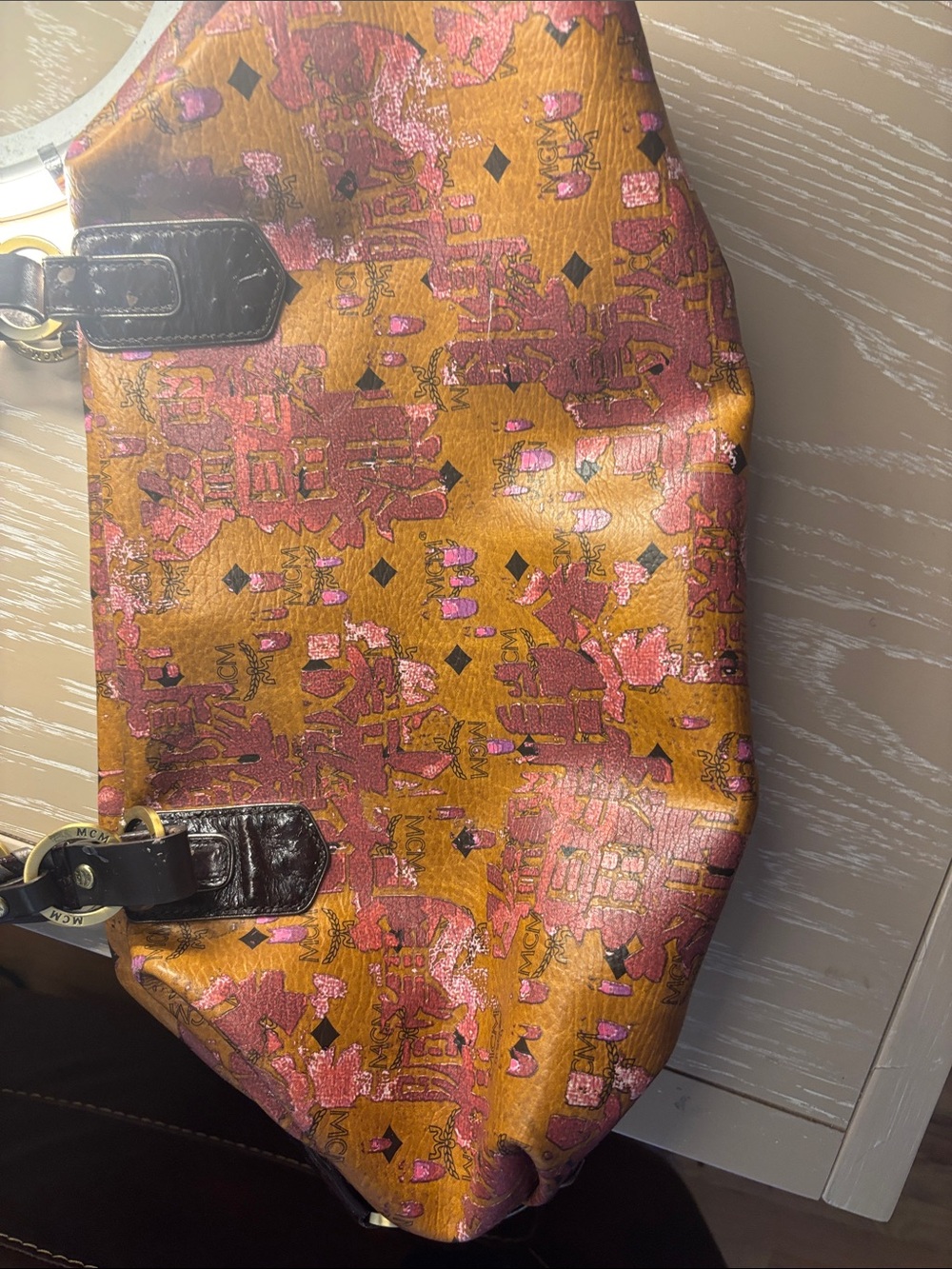 MCM Cognac Visetos Shoulder Bag with Pink Metallic Accents - Picture 6 of 12